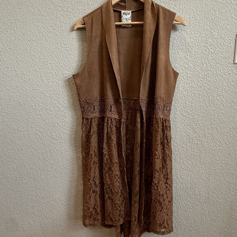 Lace Crochet Faux Suede Open Front Duster Cardigan Vest VOCAL Brown Western Boho